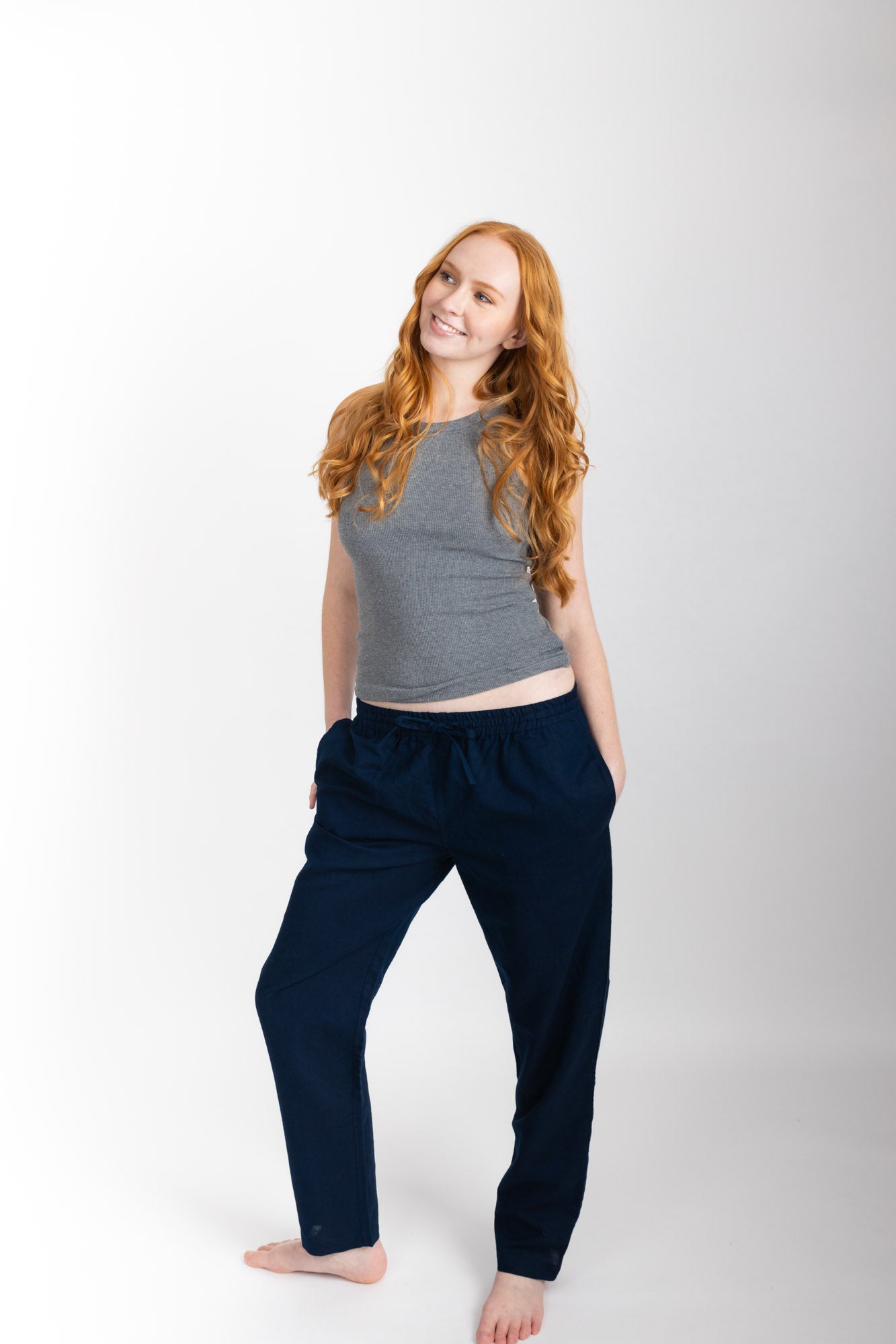 Women’s pyjama pant.  Made from an organic cotton and linen blend, in Navy.  These pants feature an elasticated waistband with a drawstring for comfort.
