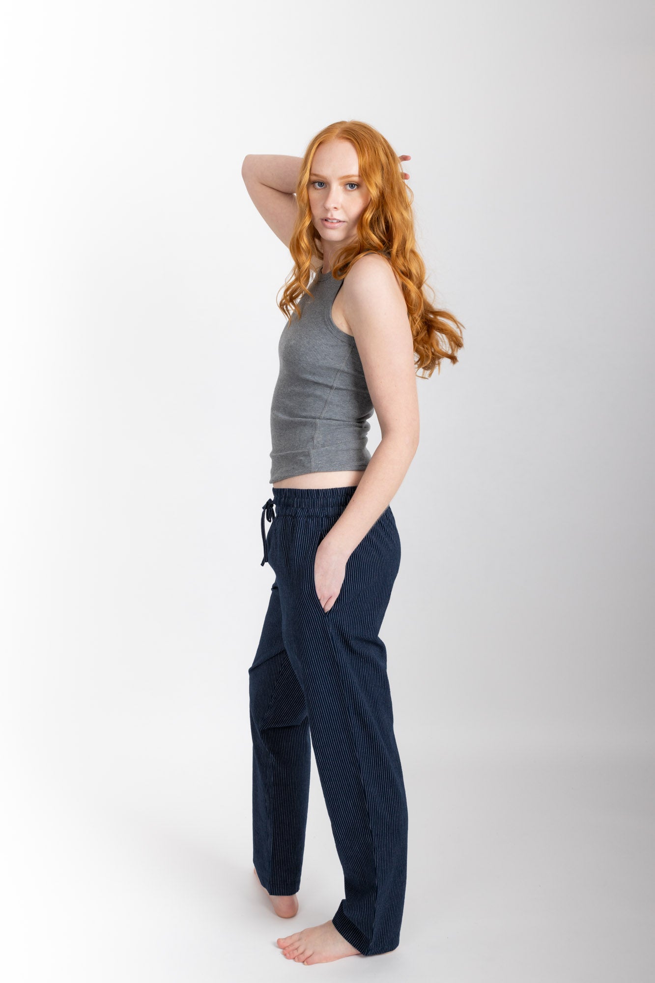 Women’s pyjama pant.  Made from 100% organic cotton, in Navy.  These pants feature an elasticated waistband with a drawstring for comfort.